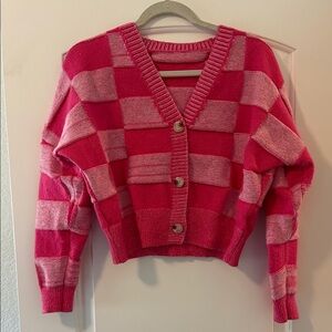 Vibrant Pink Checkered Women's Cardigan